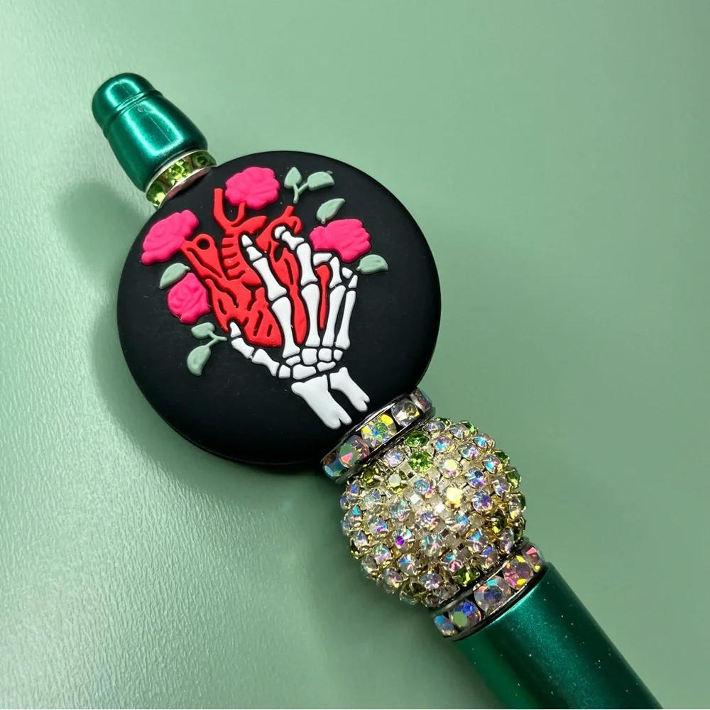 Gothic Skeleton Hand Holding Anatomical Heart & Roses Handmade Beaded Pen